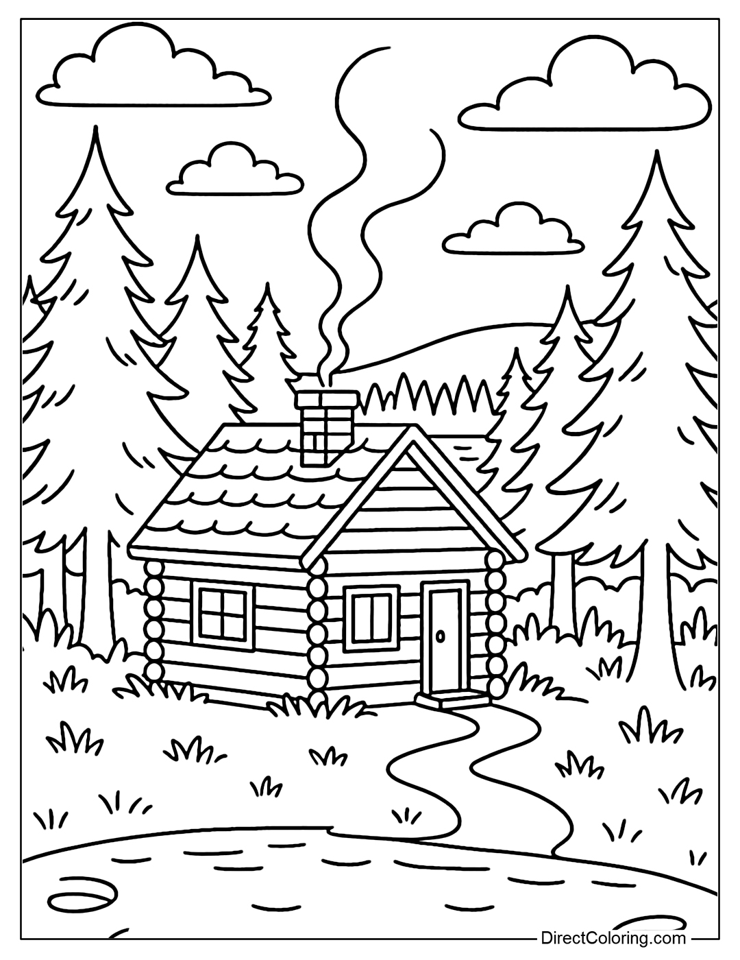 Coloring page of a small wooden house in the middle of the forest, light smoke coming from the chimney, a sparkling lake in the distance.
